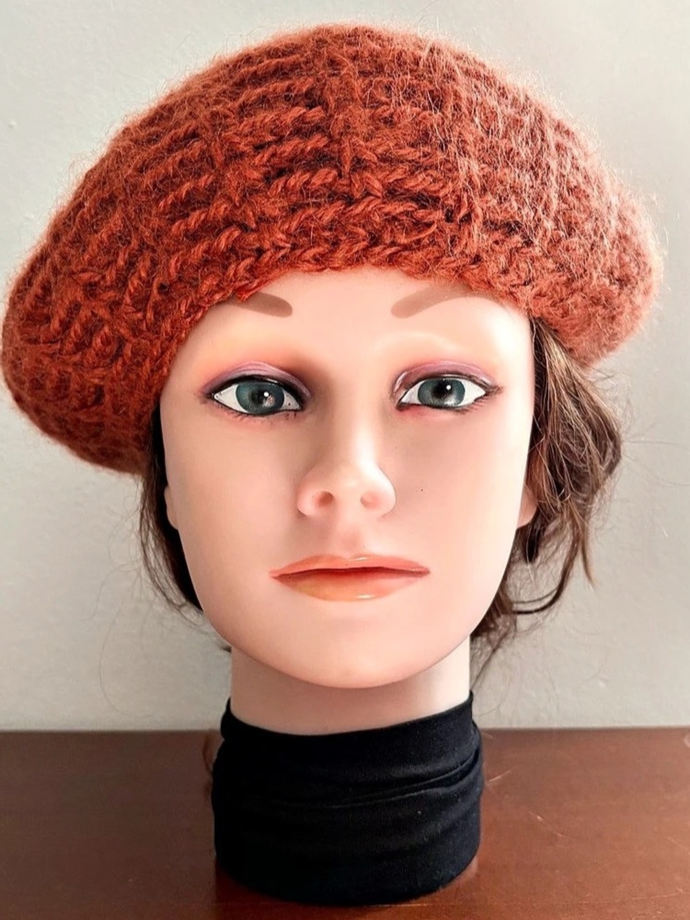 Vintage Knitted Beret, Mohair Wool & Suede